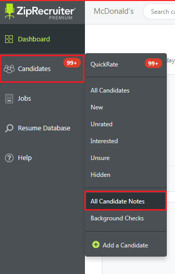 How do I view all the candidate notes I have left on a candidate profile?
