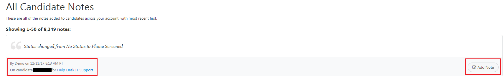 How do I view all the candidate notes I have left on a candidate profile?